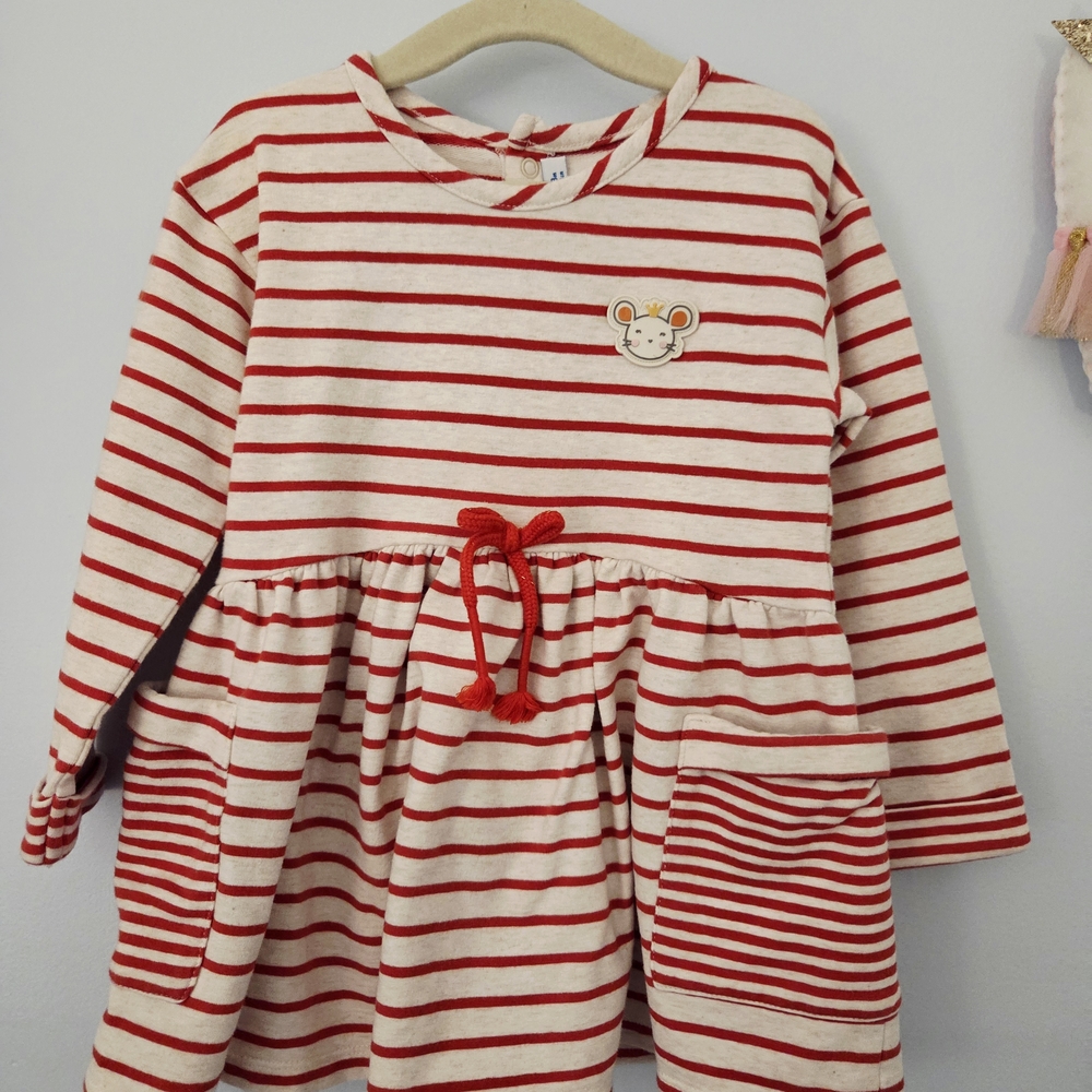 Mayoral Striped Red and White Dress with Mouse Patch
